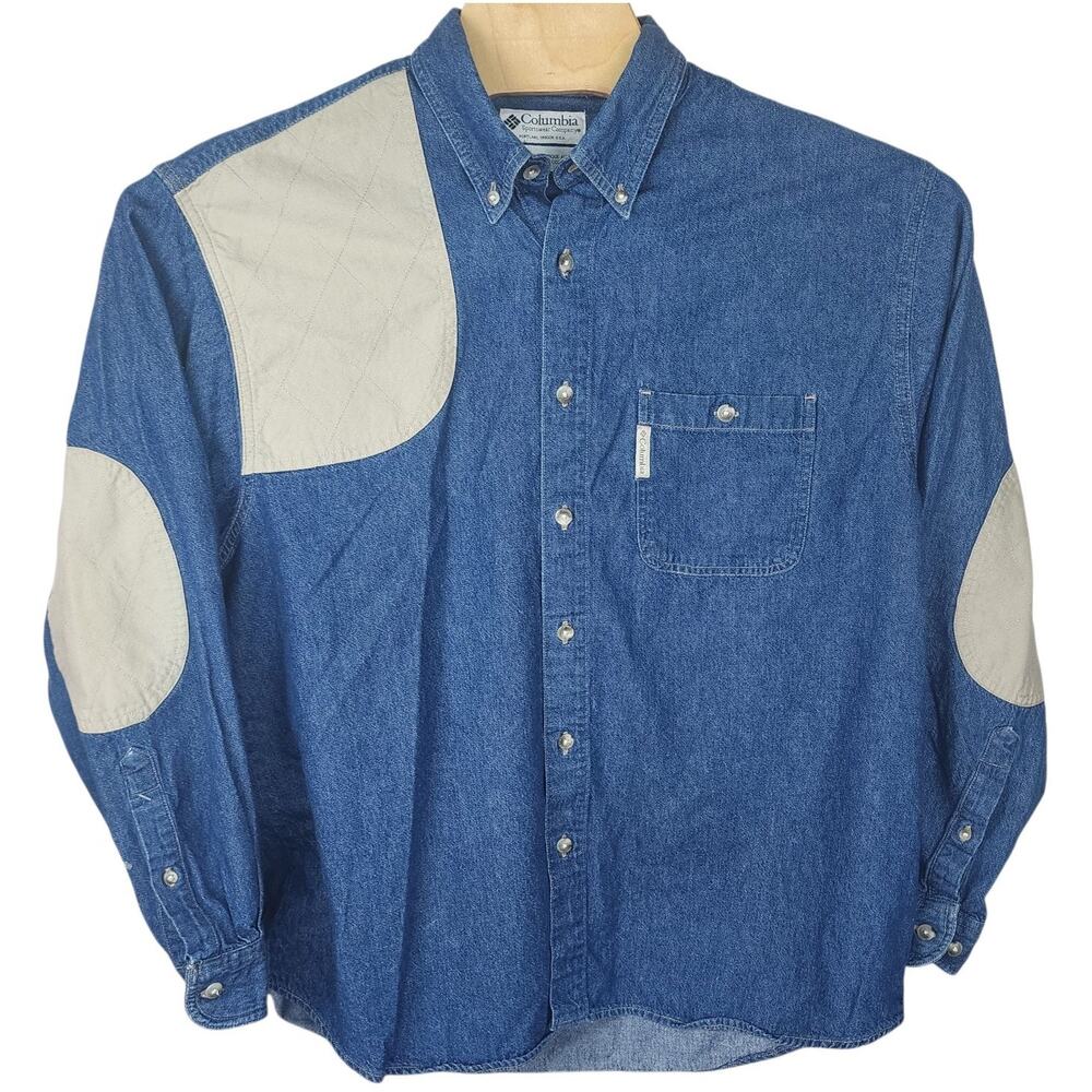 Men's Columbia Shirt Button Down Elbow Patch Jean Quilted Hunting Shooting Large